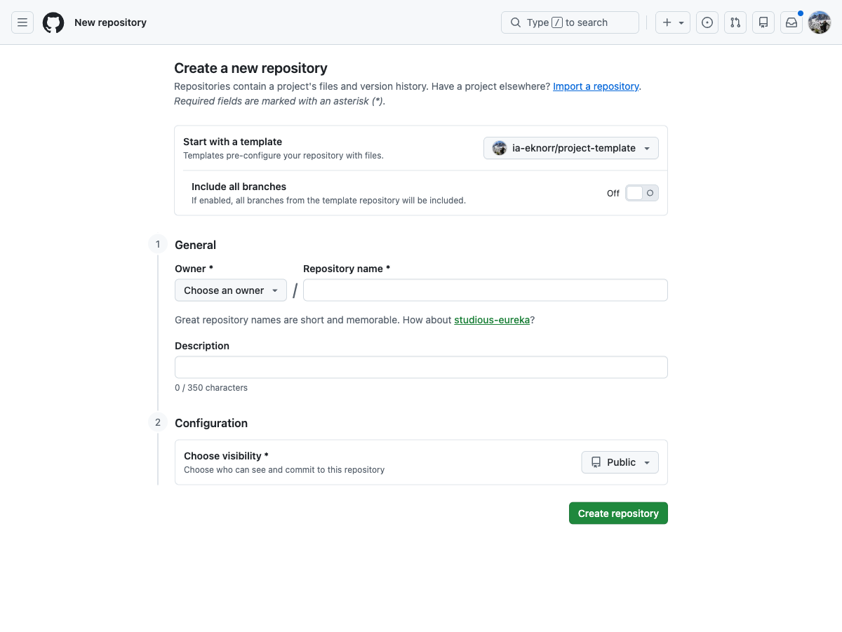 Create a new repository form