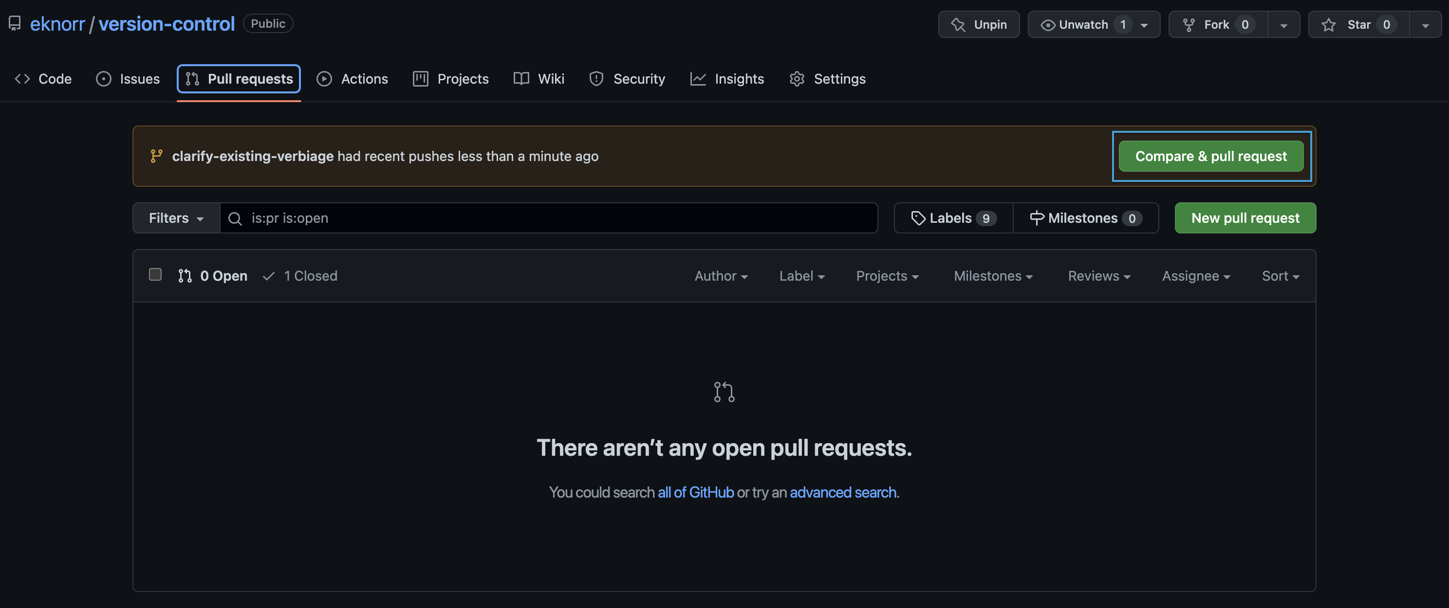 GitHub banner prompting to create a pull request
